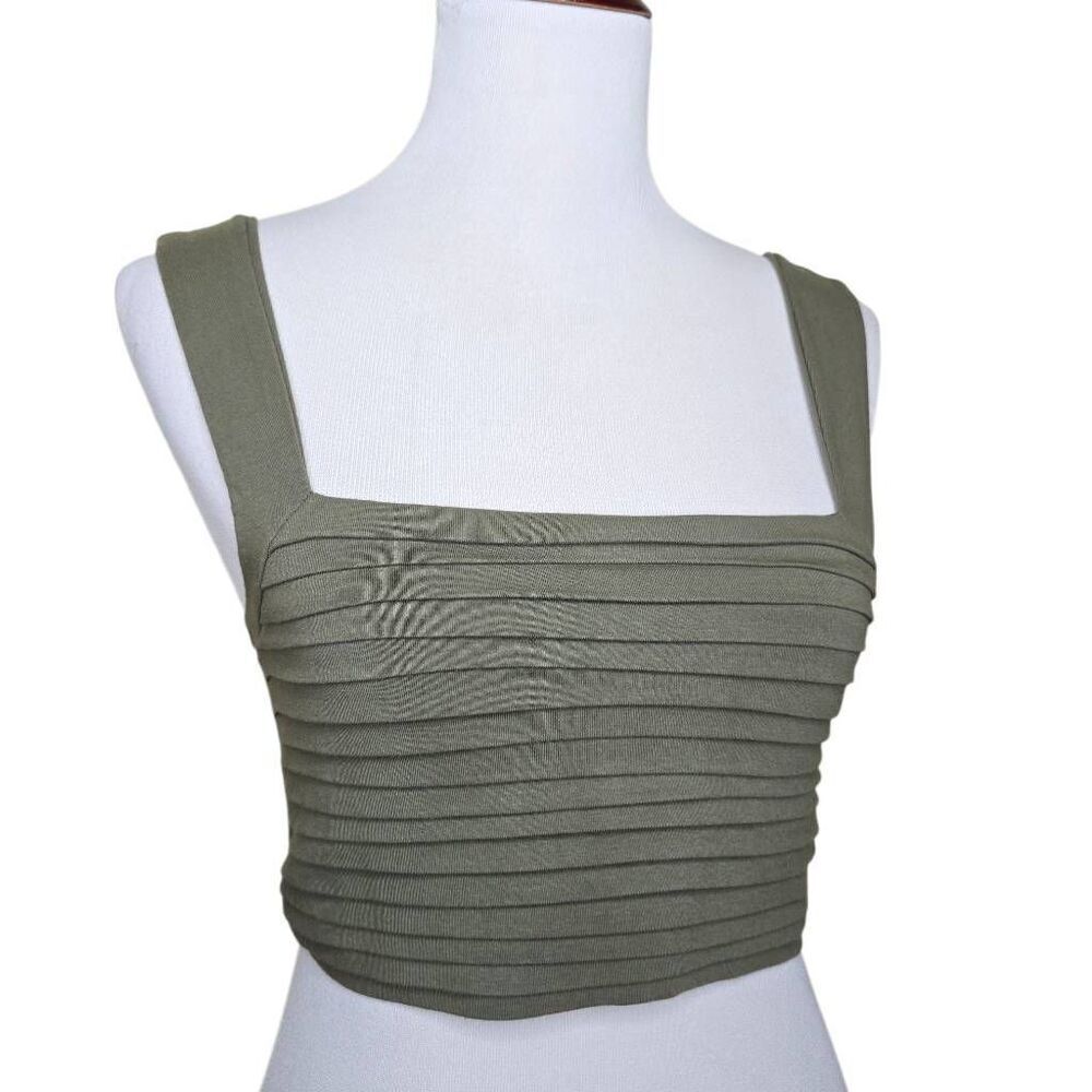 Animale Jeans Olive Green Pleated Ribbed Crop Top Square Neck Size P Small